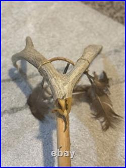Vintage Native American Elk Antler Medicine Ceremonial Dance Stick Feathers