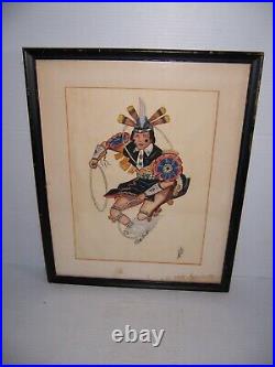 Vintage Native American Indian Dance Watercolor Painting Signed Mark