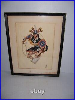Vintage Native American Indian Dance Watercolor Painting Signed Mark