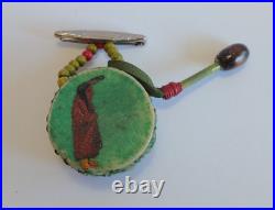 Vintage Native American Indian Hand Painted Wooden Drum & Drumstick Pin Brooch