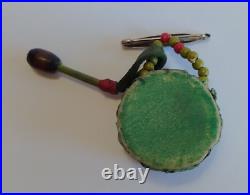 Vintage Native American Indian Hand Painted Wooden Drum & Drumstick Pin Brooch