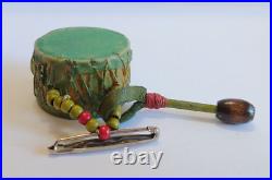 Vintage Native American Indian Hand Painted Wooden Drum & Drumstick Pin Brooch