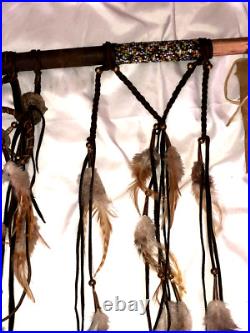 Vintage Native American Indian Peace Pipe Antler Leather & Bead Wrapped 29 Inch