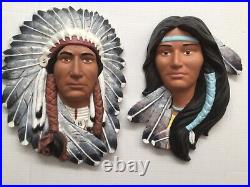 Vintage Native American Indian Wall Plaque Set Ceramic Art Hand Painted Chief