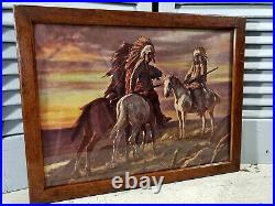 Vintage Native American Indian Warriors Hunters Framed Lithograph Print
