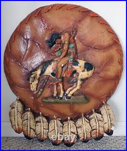 Vintage Native American Indian on Horse Ceramic Wall Plaque Art, 24.5 x 20