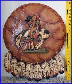 Vintage Native American Indian on Horse Ceramic Wall Plaque Art, 24.5 x 20