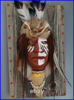Vintage Native American Inspired 3D Indian Painted Fur Feather Head Wall Decor