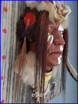 Vintage Native American Inspired 3D Indian Painted Fur Feather Head Wall Decor