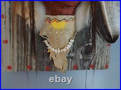 Vintage Native American Inspired 3D Indian Painted Fur Feather Head Wall Decor