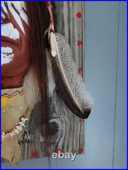 Vintage Native American Inspired 3D Indian Painted Fur Feather Head Wall Decor