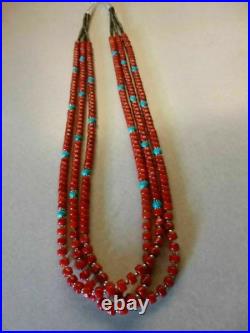 Vintage Native American Navajo Southwestern Necklace Red Coral And Turquoise