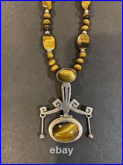 Vintage Native American Sterling Silver Tiger Eyes Gemstones Necklace