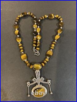 Vintage Native American Sterling Silver Tiger Eyes Gemstones Necklace