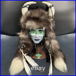 Vintage Native American Tribal Design Head Wall Mount Leather Feathers Beads 24