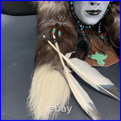 Vintage Native American Tribal Design Head Wall Mount Leather Feathers Beads 24