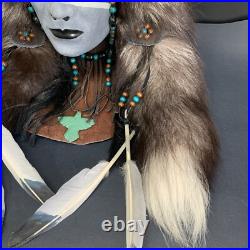 Vintage Native American Tribal Design Head Wall Mount Leather Feathers Beads 24