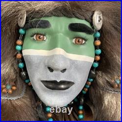Vintage Native American Tribal Design Head Wall Mount Leather Feathers Beads 24