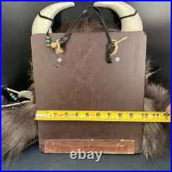 Vintage Native American Tribal Design Head Wall Mount Leather Feathers Beads 24