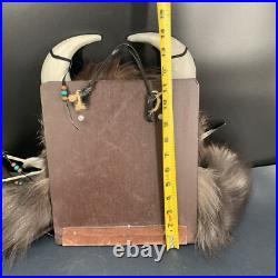 Vintage Native American Tribal Design Head Wall Mount Leather Feathers Beads 24