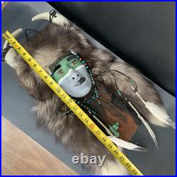 Vintage Native American Tribal Design Head Wall Mount Leather Feathers Beads 24