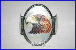 Vintage Navajo Scrimshaw Eagle Cuff Native American Indian Mop Sterling Bracelet