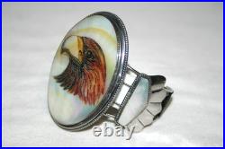 Vintage Navajo Scrimshaw Eagle Cuff Native American Indian Mop Sterling Bracelet