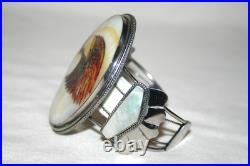 Vintage Navajo Scrimshaw Eagle Cuff Native American Indian Mop Sterling Bracelet