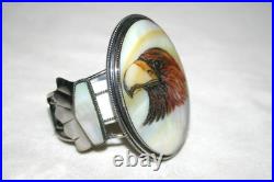 Vintage Navajo Scrimshaw Eagle Cuff Native American Indian Mop Sterling Bracelet