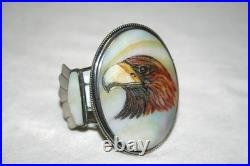 Vintage Navajo Scrimshaw Eagle Cuff Native American Indian Mop Sterling Bracelet