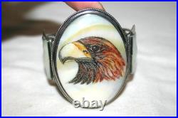 Vintage Navajo Scrimshaw Eagle Cuff Native American Indian Mop Sterling Bracelet