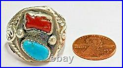 Vintage Signed Native American Ring Coral Turquoise Sterling Silver Size 9 1/2