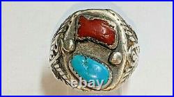 Vintage Signed Native American Ring Coral Turquoise Sterling Silver Size 9 1/2