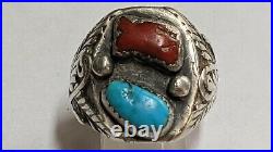 Vintage Signed Native American Ring Coral Turquoise Sterling Silver Size 9 1/2