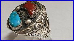 Vintage Signed Native American Ring Coral Turquoise Sterling Silver Size 9 1/2