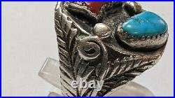 Vintage Signed Native American Ring Coral Turquoise Sterling Silver Size 9 1/2