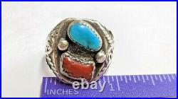 Vintage Signed Native American Ring Coral Turquoise Sterling Silver Size 9 1/2