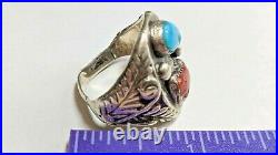 Vintage Signed Native American Ring Coral Turquoise Sterling Silver Size 9 1/2