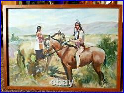 Vintage Western Native American Indians Horseback Painting Framed Art 22 X 30