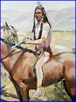 Vintage Western Native American Indians Horseback Painting Framed Art 22 X 30