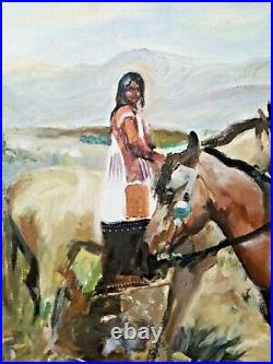 Vintage Western Native American Indians Horseback Painting Framed Art 22 X 30