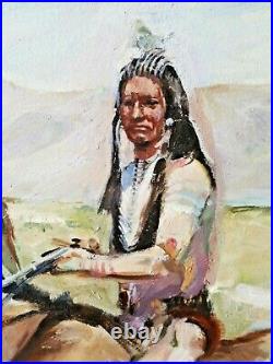 Vintage Western Native American Indians Horseback Painting Framed Art 22 X 30