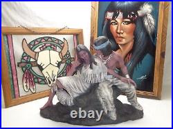 Vtg Ceramic Native American Indian Man Maiden Woman Rock Sitting Southwest Decor