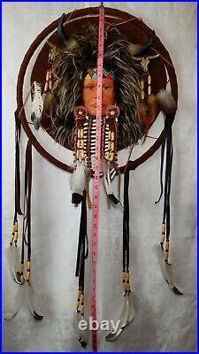 Vtg Native American Indian Wall Hanging Mandela Dream Catcher 38L 18D
