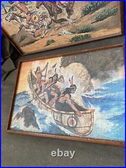 Vtg Native American Puzzle framed Wood Canoe Ocean Indian Warrior horses set art