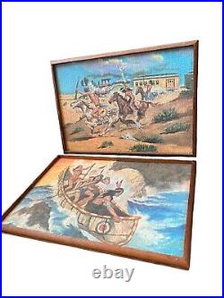 Vtg Native American Puzzle framed Wood Canoe Ocean Indian Warrior horses set art