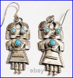 Vtg Native American Sterling Silver Turquoise Kachina Corn Maiden Earrings