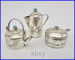 Vtg Navajo Stamped Sterling Silver Miniature Teapot Kettle Pot Pan Turquoise Set