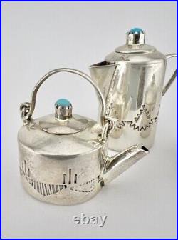 Vtg Navajo Stamped Sterling Silver Miniature Teapot Kettle Pot Pan Turquoise Set