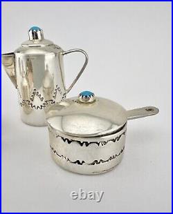 Vtg Navajo Stamped Sterling Silver Miniature Teapot Kettle Pot Pan Turquoise Set